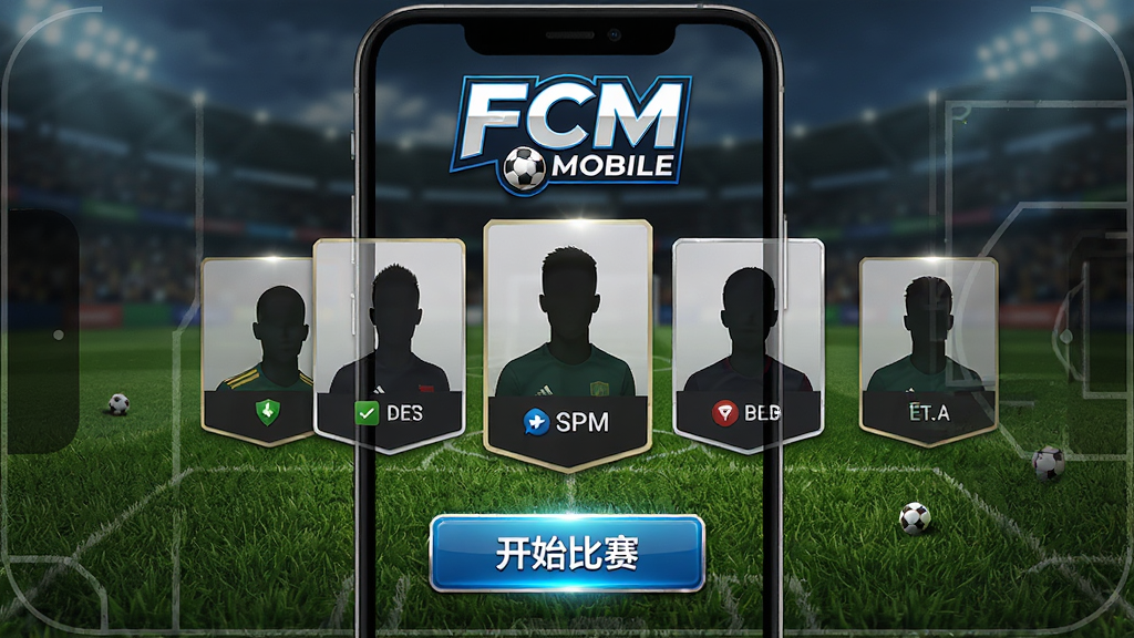 ������FCM Mobile��Ϸ�������ͼ��񣬲���Ϊ�ֻ���Ļ����չʾ���Ű��Ϸ�Ϊ��ϷLogo�����򳡱������м�Ϊ��Ա��Ƭ�Ϳ�ʼ������ť�����Ϊдʵ���������磬ϸ�ڰ�������ݵ���������Ա��Ӱ��UI��ť�߹⣬���ʸ���ɾ��޶���Ԫ��