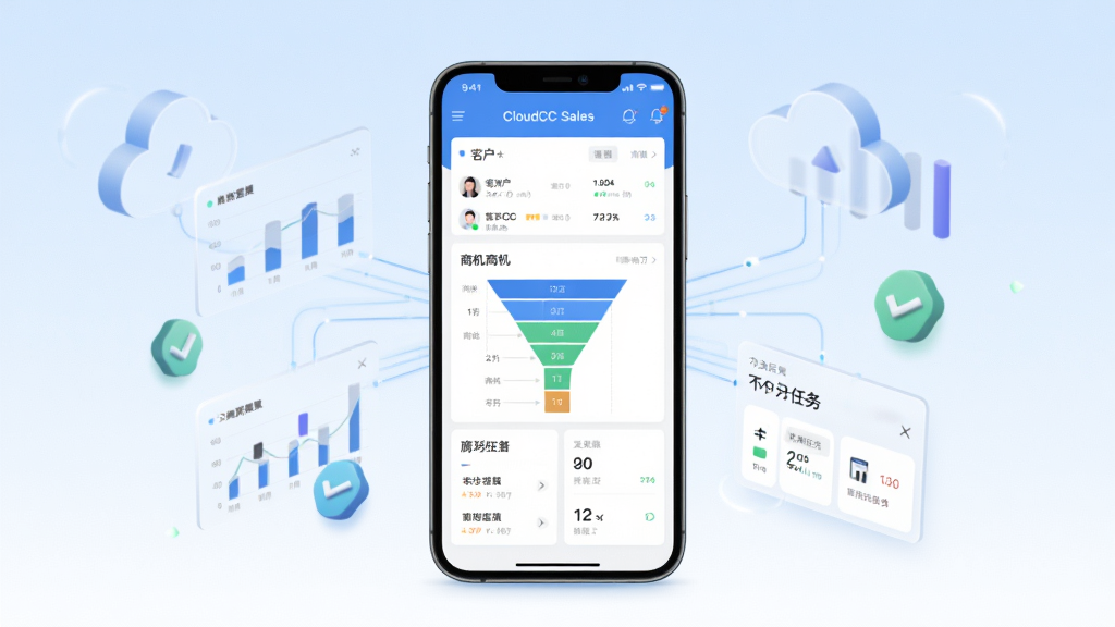 一张展示 CloudCC Sales 移动端应用主界面的产品宣传图。画面中央是一部竖屏智能手机,屏幕内显示 CloudCC Sales 的销售仪表盘界面,包含客户列表、商机漏斗图和今日任务卡片。手机周围环绕着半透明的数据图表、对勾图标和云端连接线条。布局采用居中构图,手机位于画面正中,背景为浅蓝到白色的渐变。风格为现代商务科技风,细节上突出界面元素的清晰度与图标的立体感,画质高清,画面干净,无多余元素。