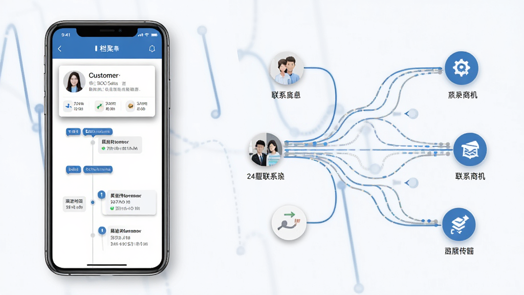 一张表现 CloudCC Sales 客户管理功能的场景图。画面左侧展示一个手机屏幕,屏幕内是客户档案卡片和跟进时间轴;画面右侧是抽象化的数据流线条,将客户、联系人、商机等图标连接起来。布局为左右分栏,左侧手机占画面三分之一,右侧为信息图风格。风格简洁商务,细节上时间轴和卡片带有轻微阴影,画质清晰,背景干净,无多余元素。