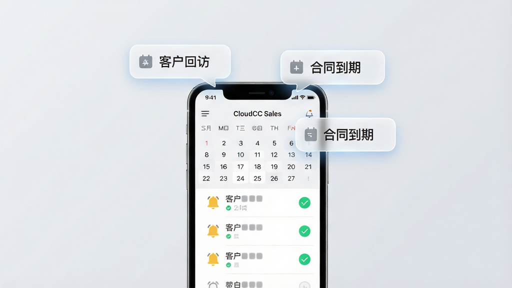 一张展示 CloudCC Sales 任务提醒与日程协同功能的插图。画面中央是一部手机,屏幕内显示日历视图和待办清单,清单项旁边有铃铛图标和完成勾选标记。手机上方漂浮着几个半透明的通知气泡,气泡内写有
