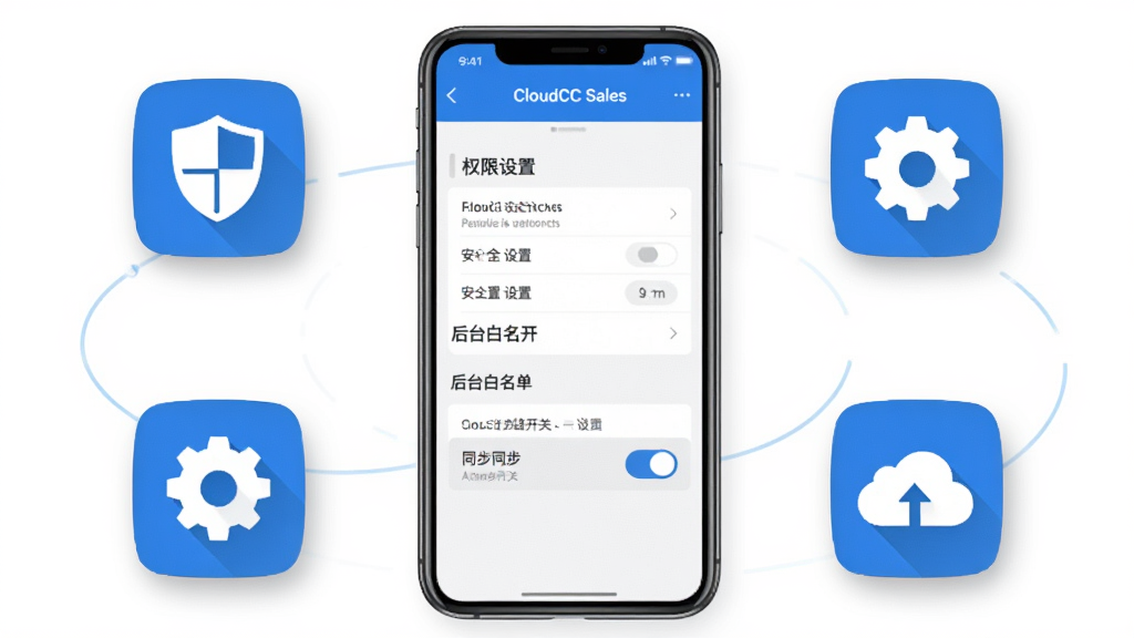 一张展示 CloudCC Sales 移动端操作技巧的示意图。画面主体是一部手机,屏幕内显示权限设置页面和后台白名单开关。手机旁边有几个浮动的图标:盾牌代表安全、齿轮代表设置、云朵代表同步。布局为手机居中,图标环绕四周。风格为扁平化科技风,配色以蓝色和白色为主,细节上图标带有轻微投影,画质清晰,背景干净,无多余元素。