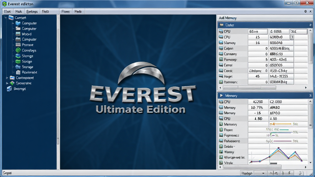 软件主界面全貌展示,画面中央为“EVEREST Ultimate Edition”标志性启动画面,左侧树状菜单栏清晰可见计算机、主板、操作系统、存储设备等分类图标,右侧主区域展示CPU与内存的详细参数表格,整体布局规整专业,采用深蓝与银灰配色方案,界面风格经典商务,细节处体现数据可视化元素,画质清晰干净,无多余装饰,适合软件下载站预览图使用