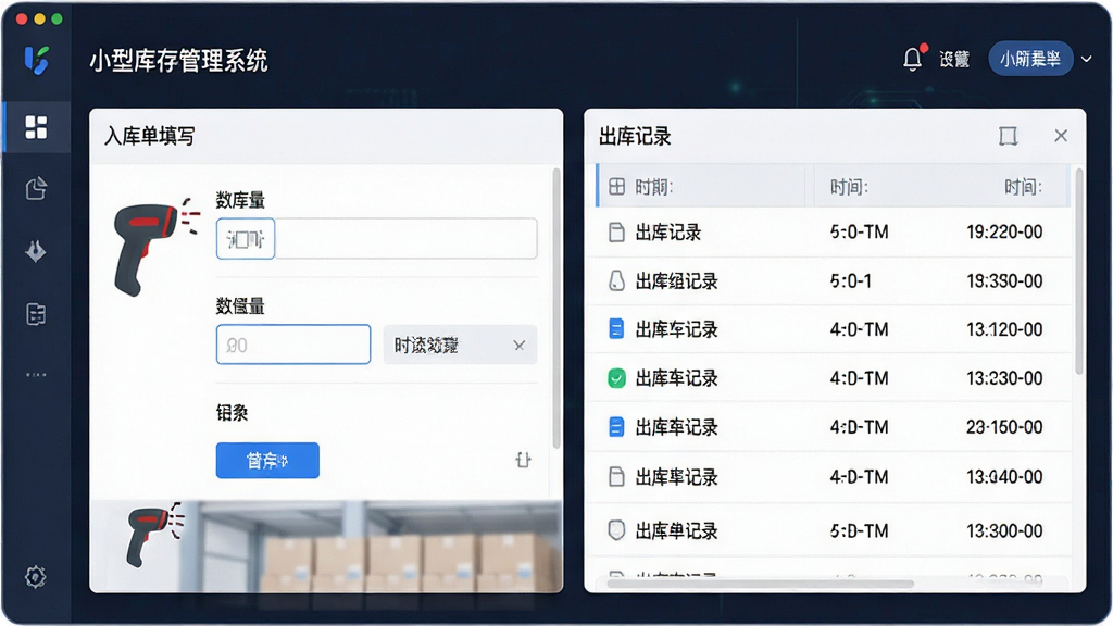 一张展示小型库存管理系统智能出入库管理功能的示意图,主体为软件操作界面,布局左侧为入库单填写区域右侧为出库记录列表,排版采用上下分栏结构,风格为简洁科技感,细节包括扫码枪图标、数量输入框、时间戳标签,画质高清干净,无多余元素
