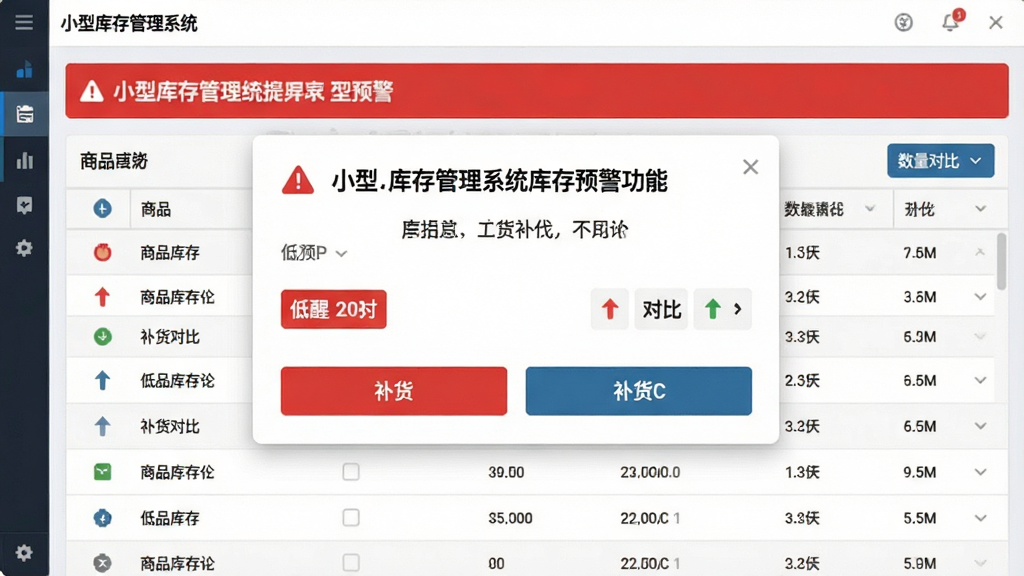 一张展示小型库存管理系统库存预警功能的界面截图,主体为软件预警提示弹窗与库存列表,布局上方为红色预警横幅下方为商品明细表格,排版紧凑有序,风格为警示提醒风格,细节包括低库存红色标记、补货按钮、数量对比箭头,画质清晰干净,无多余元素