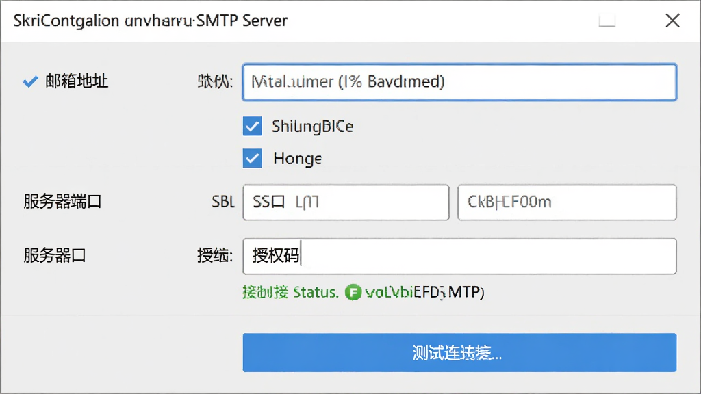 ��ó�ʼ�����SMTP���ý���ͼ������Ϊ�����ķ������������ô��ڣ�����Ϊ�Ϸ������ַ���롢�в��������˿���д���·��������Ӱ�ť���Ű�չʾ�������̣����Ϊдʵ��������磬ϸ�ڰ���SSLѡ�ѡ����Ȩ�����������״̬��ʾ�����ʸ��壬�ɾ����޶���Ԫ��