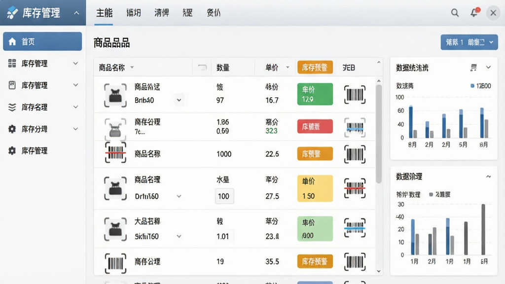 一张软件界面截图,画面主体为库存管理软件的主操作界面,布局包含左侧功能导航栏、顶部菜单栏、中央商品列表与右侧数据统计面板,排版整齐清晰,风格为现代商务简约风,细节包含商品名称、数量、单价、库存预警色块、条码扫描图标,画质高清,干净,无多余元素