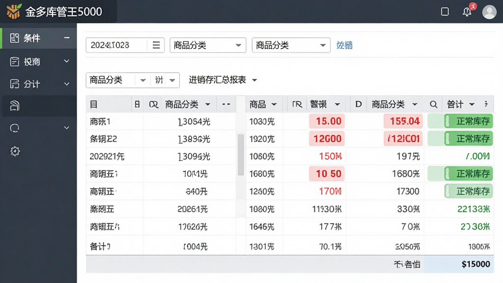 一张软件报表界面截图,画面主体为金多库管王5000的进销存汇总报表页面,布局为顶部筛选条件栏、中部数据表格、底部合计行,排版清晰,风格为清爽商务风,细节包含日期选择器、商品分类下拉框、红色预警数字、绿色正常库存标识,画质高清,干净,无多余元素