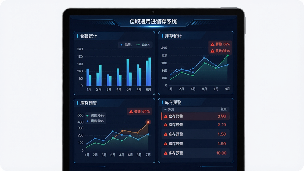 数据报表分析界面,主体为一块竖屏显示器,屏幕中展示“佳顺通用进销存系统”的销售统计图表与库存预警列表,布局为居中展示,排版规整,风格为科技感数据可视化,细节包括柱状图、折线图与红色预警标识,画质为高清,干净,无多余元素
