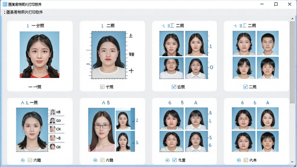 图美易特照片打印软件的模板选择界面,主体是软件窗口内展示多套证件照排版模板缩略图,布局为网格状排列,排版整齐,风格为清爽浅色系,细节包括一寸照、二寸照、六寸拼版等模板预览,画质高清,干净,无多余元素