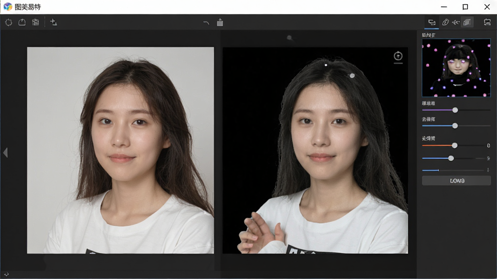 图美易特照片打印软件的照片编辑界面,主体是软件窗口内一张带有黑底的照片正在被去黑底处理,布局为左侧原图、右侧处理后效果对比,排版清晰,风格为素雅极简,细节包括调整滑块和预览效果,画质高清,干净,无多余元素