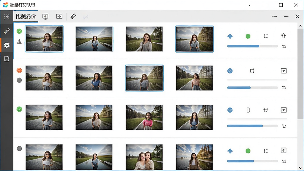 图美易特照片打印软件的批量打印队列界面,主体是软件窗口内多张照片缩略图按顺序排列,布局为列表式队列管理,排版清晰,风格为简约商务,细节包括打印状态图标和进度条,画质高清,干净,无多余元素