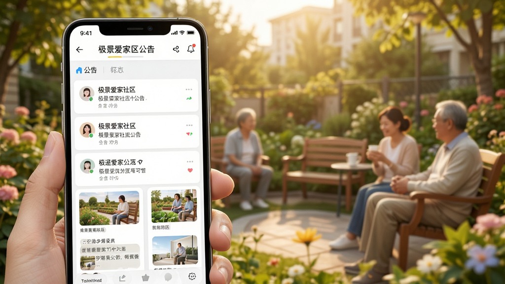 极景爱家社区公告与邻里互动界面,手机屏幕显示公告列表和邻里圈动态卡片,卡片中包含文字与缩略图,背景为小区花园休闲场景,阳光柔和,风格温馨生活化,构图突出手机屏幕内容,画质干净,无多余元素