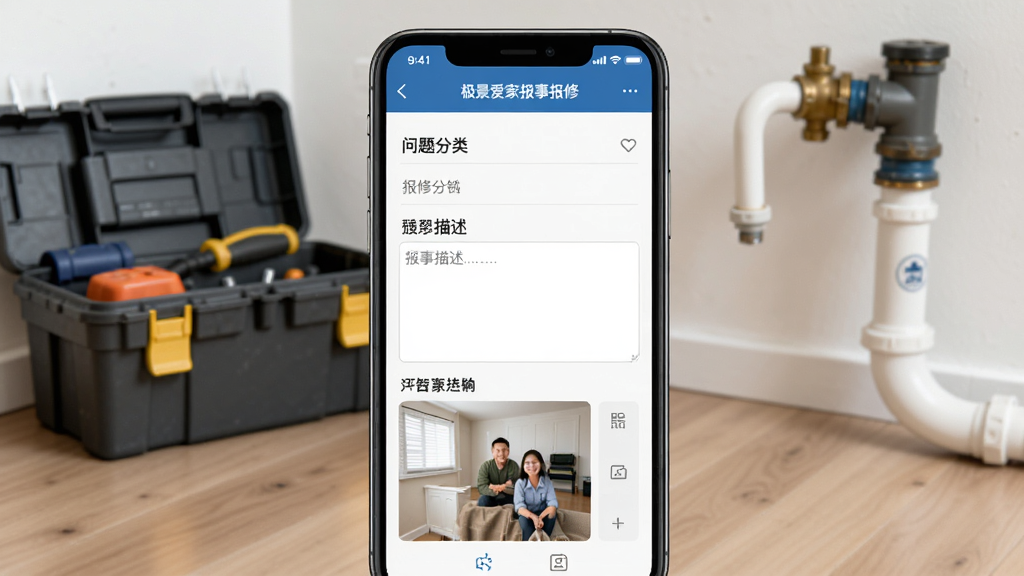 极景爱家报事报修功能界面,手机屏幕展示报修工单填写页面,包含问题分类、文字描述框和照片上传区域,背景为居家环境一角,有工具箱和水管元素点缀,风格简洁实用,构图以手机屏幕为视觉中心,画质干净,无多余元素