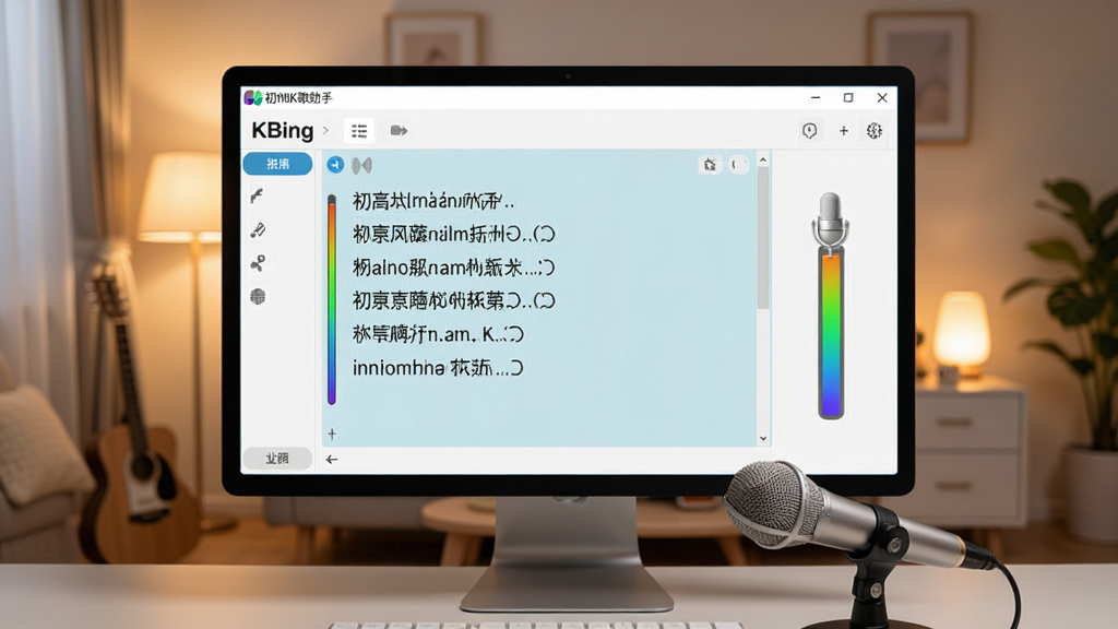 一张展示电脑桌面K歌软件的宽幅场景图,画面中央是初音K歌助手软件主界面,界面内有歌词滚动区域和麦克风音量条,界面风格清爽明亮,屏幕前摆放一支银色麦克风,背景是温馨的居家娱乐房间,灯光柔和,画面干净整洁,无多余杂物,画质清晰,适合软件下载站展示