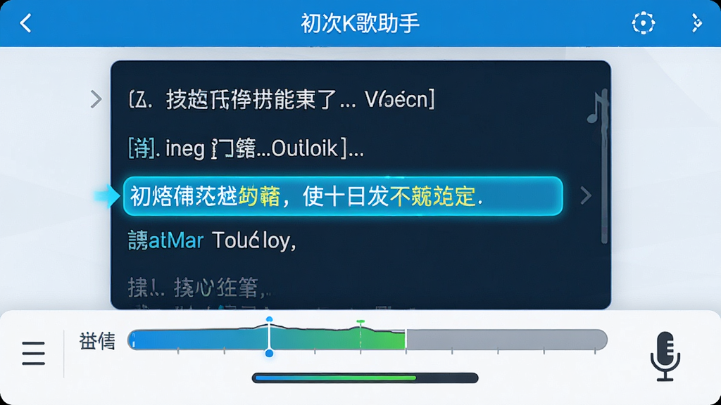 一张初音K歌助手演唱界面的特写图,画面中央是歌词滚动区域,当前歌词以亮色高亮显示,屏幕下方有音准评分条和麦克风输入指示,界面配色以蓝白为主,风格简洁现代,画面干净无杂乱元素,画质清晰锐利