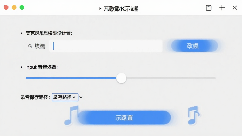 一张电脑端K歌软件设置界面的示意图,画面展示麦克风权限设置、输入音量滑块和录音保存路径选项,界面以浅灰底色搭配蓝色按钮,风格简洁实用,画面干净无杂乱元素,画质清晰