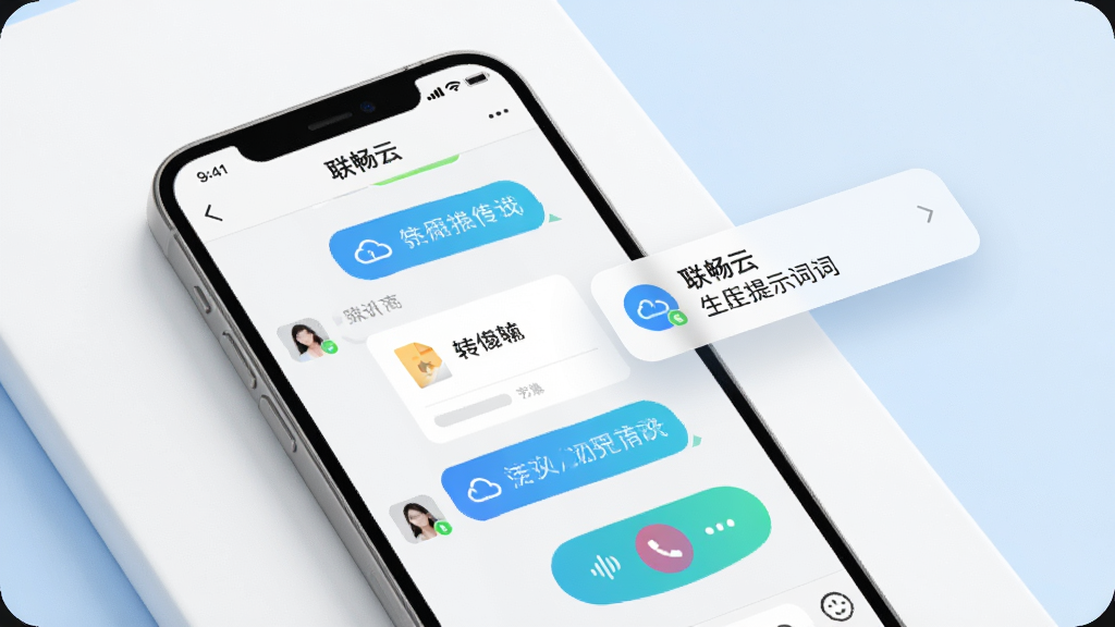 生图提示词:画面展示一部手机屏幕,屏幕上显示“联畅云”的聊天界面,包含聊天气泡、文件传输卡片、语音通话按钮等元素,手机旁边有一个浮动的消息通知弹窗,背景为简洁的白色与浅蓝色,风格清新明快,细节清晰,画质高清,画面干净