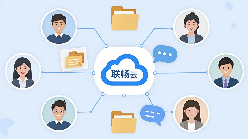 生图提示词:画面中展示一个虚拟的团队协作场景,多个用户头像通过线条连接到中央的“联畅云”图标上,图标周围环绕着文件、文件夹、聊天气泡等元素,背景为淡蓝色调,风格扁平化商务,细节丰富,画质高清,画面干净,无多余元素