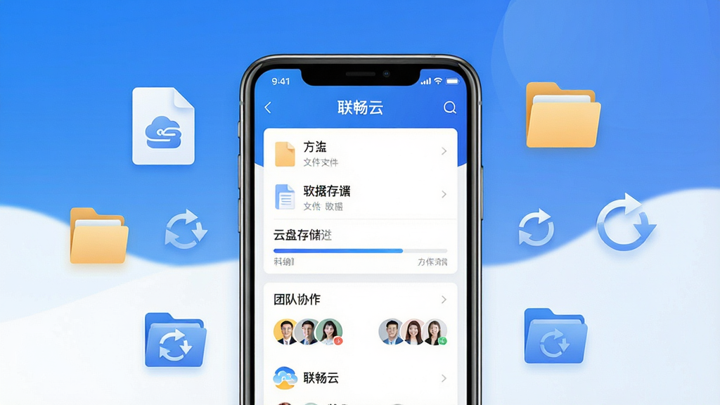 软件全貌展示图,画面中央放置一部智能手机,手机屏幕上显示“联畅云”应用主界面,界面中包含文件列表、云盘存储进度条、团队协作头像等元素,背景为简洁的蓝白渐变色调,周围环绕漂浮的文档图标、文件夹图标和同步箭头符号,整体风格现代商务,细节清晰,画质高清,画面干净,无多余元素