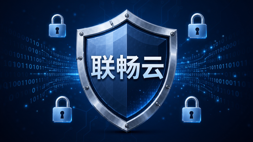 生图提示词:画面中央是一个盾牌形状的图标,盾牌上写有“联畅云”字样,盾牌周围环绕着锁形图标、加密数据流线条和二进制数字,背景为深蓝色科技感渐变,风格安全防护主题,细节精致,画质高清,画面干净,无多余元素