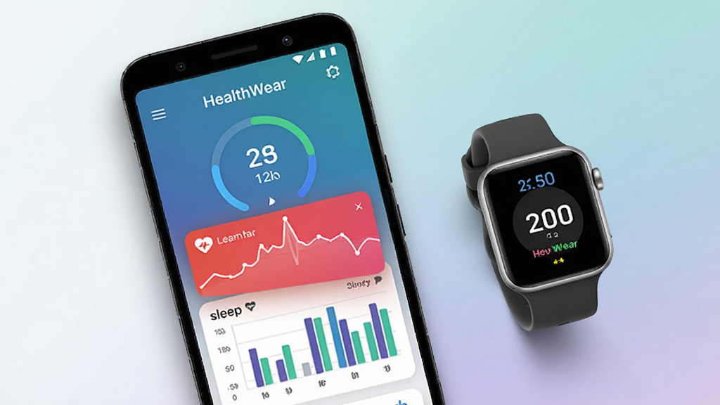 HealthWear ����������չʾ������������һ����׿�ֻ�����Ļ����ʾ HealthWear Ӧ����ҳ����������ԲȦ���������ߡ�˯����״ͼ�Ƚ������ݿ�Ƭ���ֻ��Ա߷���һֻ�����ֱ������岼��Ϊ���ҽṹ������ֻ����Ҳ��ֱ������Ϊ�ִ��Ƽ��У�ϸ�ڰ���ϸ��� UI ͼ�ꡢ���䱳���������Ӱ�����ʸ��壬�ɾ����޶���Ԫ��