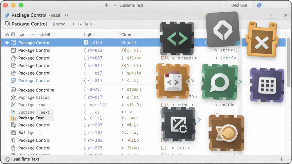 һ�� Sublime Text �����������ĸ���ͼ������չʾ Package Control �İ�װ�б����Ա�Ư���Ŵ�����ͬ���ܵĲ��ͼ�꣬����벹ȫ��Git�������ɫ��ȡ����岼�����������Ƽ��У�ϸ�ڷḻ�����ʸɾ����޶�������Ԫ�ء�