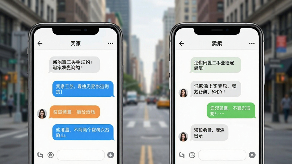 闲置二手转手聊天沟通界面,主体为两部手机并排显示,屏幕上是聊天对话框,左边手机显示买家询问,右边手机显示卖家回复,布局对称,风格简洁明快,细节包括聊天气泡有不同颜色区分,背景是模糊的城市街景,画质清晰,干净,无多余元素