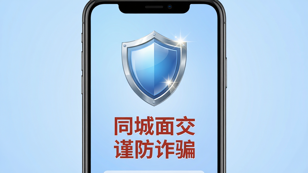 闲置二手转手安全交易提示界面,主体为手机屏幕,显示一个盾牌图标和“同城面交 谨防诈骗”的提示文字,布局居中,风格为警示提醒风格,细节上盾牌有高光效果,背景是柔和的蓝色渐变,画质清晰,干净,无多余元素