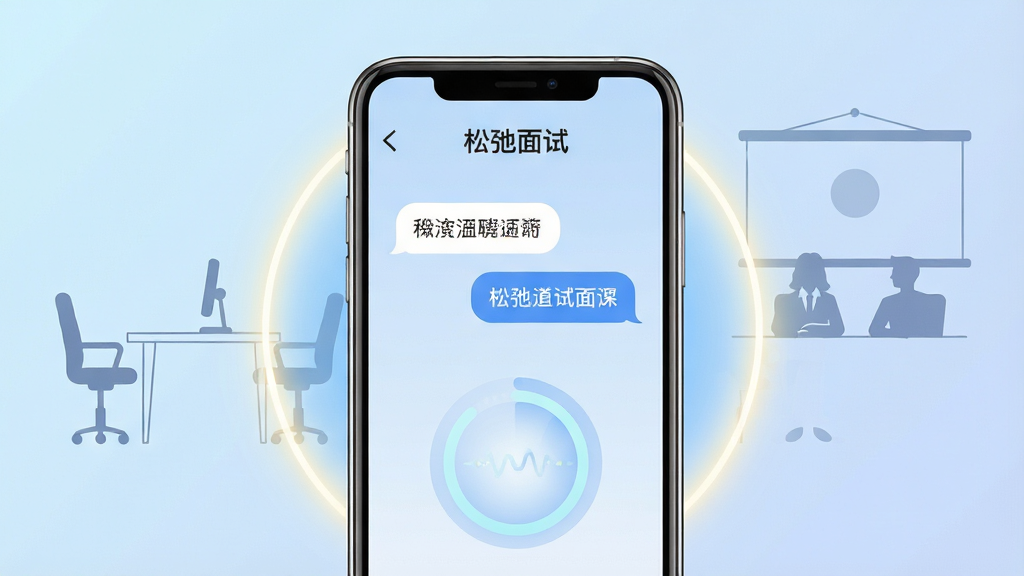 画面中央放置一部智能手机,手机屏幕上显示“松弛面试”应用界面,界面包含模拟面试对话气泡和呼吸放松圆环动画,手机周围环绕着柔和的光晕与淡蓝色渐变背景,背景中隐约可见面试场景的简笔画元素如桌椅和人物剪影,整体布局采用居中对称构图,排版干净整洁,风格为现代扁平化科技风,细节上手机边缘有轻微高光反射,屏幕内文字清晰可辨,画质为高清2K,干净无多余元素