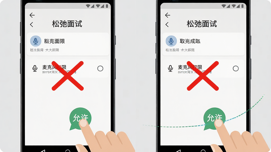 画面展示一部安卓手机屏幕显示“松弛面试”的权限设置界面,旁边有一个红色叉号标记在“麦克风权限”选项上,手机下方有手指点击“允许”的图标示意,背景为浅灰色,布局采用左右对比构图,左侧为错误示范右侧为正确操作,风格为扁平化信息图风格,细节上手机界面清晰,图标简洁,画质为高清2K,干净无多余元素