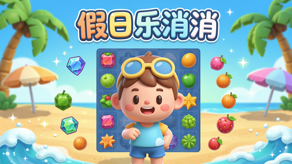 画面主体为一位卡通风格的角色在阳光明媚的海滩上玩消除游戏,布局采用中心对称构图,角色位于画面中央,周围漂浮着彩色宝石和水果元素,排版上软件名称“假日乐消消”以圆润字体置于画面上方,风格为清新明快的3D卡通渲染,细节包括棕榈树、遮阳伞、海浪泡沫和闪烁的光点,画质为4K超高清,干净无多余元素,整体氛围轻松愉悦。
