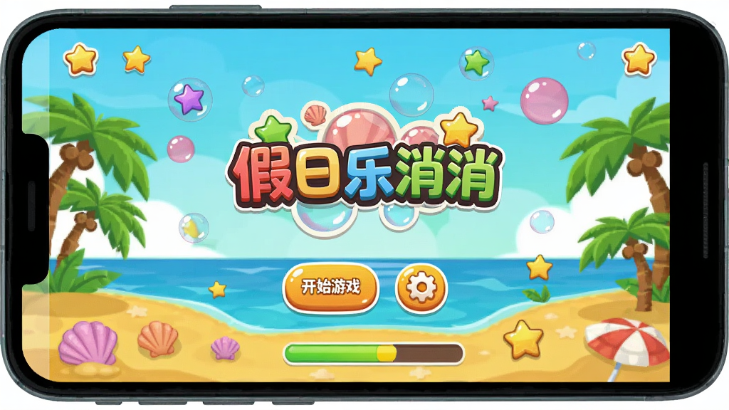 画面主体为一部安卓手机屏幕显示假日乐消消的游戏主界面,布局采用居中对称排版,屏幕中央是游戏Logo“假日乐消消”,下方有开始游戏按钮和设置图标,周围环绕着卡通风格的海岛元素和彩色气泡,风格为扁平化休闲游戏UI,细节包括沙滩、贝壳、星星和进度条,画质为高清矢量,干净无多余元素,色调温暖明亮。