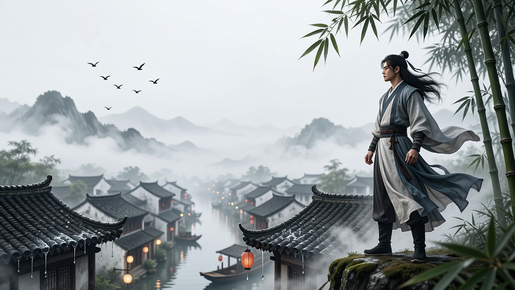 画面主体是一位身穿古装的侠客站在竹林之巅,远眺云雾缭绕的江南水乡城镇,布局采用三分法构图,人物位于画面右侧三分之一处,左侧留白展现远山与飞鸟,排版上天空占上部三分之一,地面与建筑占下部三分之二,风格为中国风水墨与写实融合,细节包括衣袂飘动、竹叶轻摇、屋檐滴水、远处灯火点点,画质为4K超高清,干净无多余元素,画面中不出现任何文字
