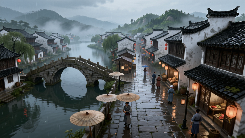 画面主体是逆水寒手游中的江南城镇街景,布局采用广角俯视视角,排版上左侧为河流与拱桥,右侧为白墙黛瓦的商铺与行人,风格为唯美中国风写实,细节包括细雨蒙蒙、油纸伞、石板路反光、灯笼微光、远处山峦叠翠,画质为8K超高清,干净无多余元素,画面中不出现任何文字