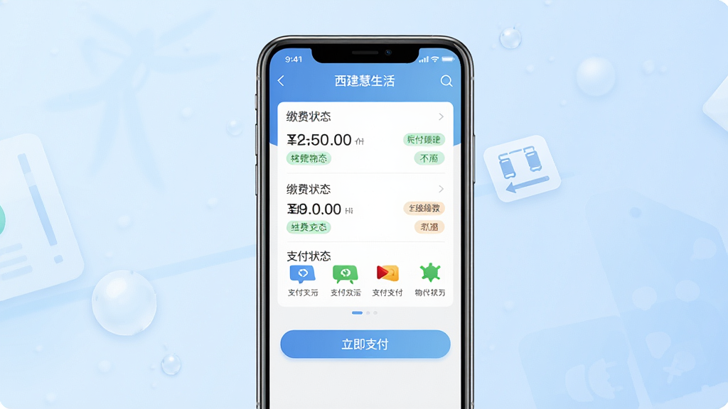 һ��չʾ�ֻ�Ӧ�á������������ҵ�ɷѽ���Ĳ�Ʒ��ͼ���廭����������Ϊһ�������ֻ�����Ļ������ʾ�ɷ���Ŀ�б��롰����֧������ť�����ֲ��þ��й�ͼ������Ϊ��͵�ǳ��ɫ���䣬���Ϊ���UIдʵ�磬ϸ�ڰ��������Ľ�����֡��ɷ�״̬��ǩ��֧����ʽͼ�꣬���ʸ��壬�ɾ��޶���Ԫ��
