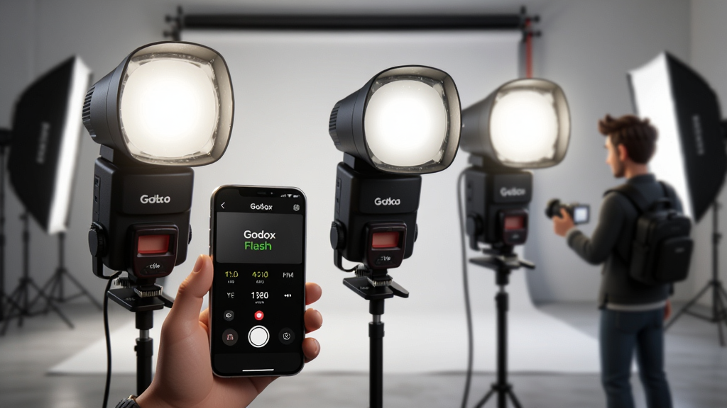 һ������Godox Flash���߿ع⹦�ܵ�AI��ͼ��������һλ��Ӱʦ�ֳ��ֻ�վ��Զ������ָ������Ļ��ǰ����յ��ţ��Ӱ�Ʒֱ�����ͬ���ȣ��ֻ���Ļ����ʾ��