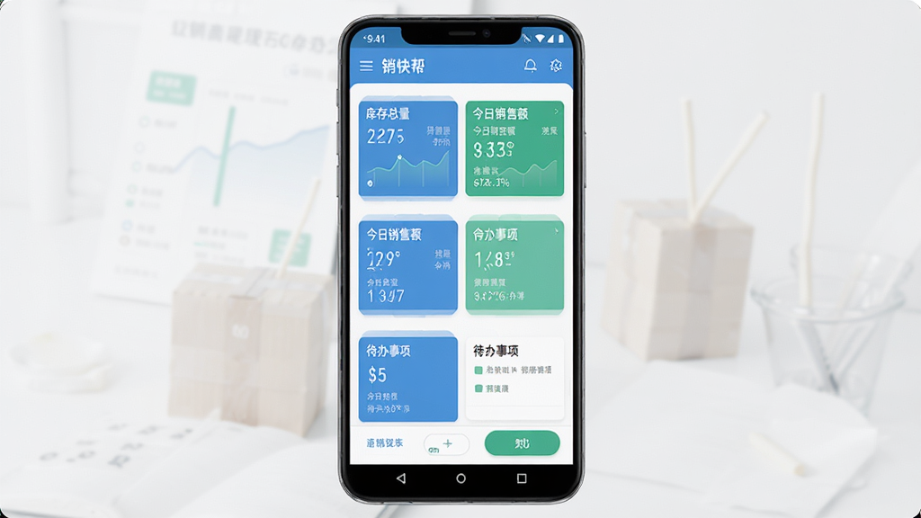 销快帮进销存软件主界面全貌展示,主体为一部竖屏安卓手机,屏幕内呈现清晰的进销存管理仪表盘,包含库存总量、今日销售额、待办事项卡片,布局居中,排版简洁,风格为现代商务扁平化,细节上按钮圆角、图标线性、数据图表使用蓝绿配色,画质高清,干净,无多余元素