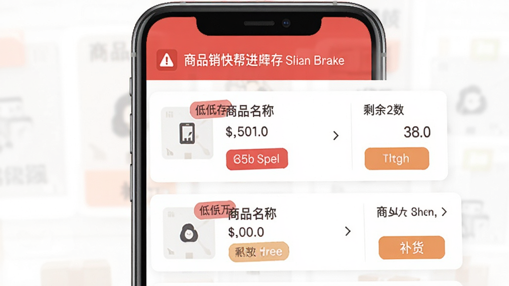 销快帮进销存库存预警界面,主体为手机屏幕展示库存预警列表,布局顶部红色警示条下方商品条目,排版整齐,风格简约实用,细节包含低库存红色标签、补货按钮、商品名称与剩余数量,画质高清,干净,无多余元素