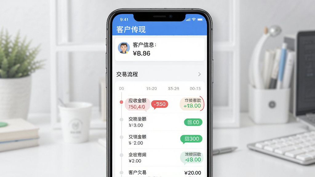 销快帮进销存往来账目管理界面,主体为手机展示客户欠款明细,布局上方客户信息下方交易流水,排版规整,风格清爽,细节有应收金额红色标注、回款绿色标注、时间轴排列,画质高清,干净,无多余元素