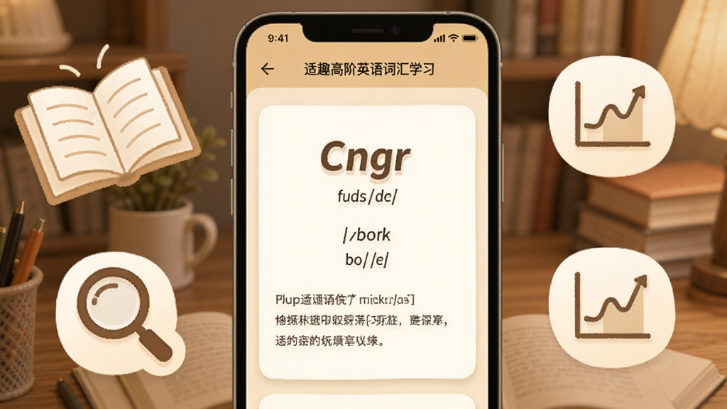 ��Ȥ�߽�Ӣ��ʻ�ѧϰҳ�棬�ֻ���Ļչʾ���ʿ�Ƭ���棬��Ƭ����Ӣ�ĵ��ʡ����ꡢ������������䣬��Χ�����ŷ������鱾���Ŵ󾵡���������ͼ���Ԫ�أ�����ɫ��Ϊ��ů���׻�ɫ�������ܰѧϰ��Χ�������������޶���Ԫ��