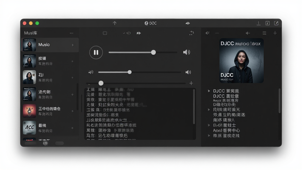 DJCC音乐盒软件主界面全貌,主体为居中展示的音乐播放器窗口,布局上左侧为音乐库列表、中间为播放控制区、右侧为歌词与封面展示,排版简洁清晰,风格为现代简约深色主题,细节包括播放按钮、进度条、音量滑块、歌曲封面图、歌词滚动区域,画质高清,干净,无多余元素