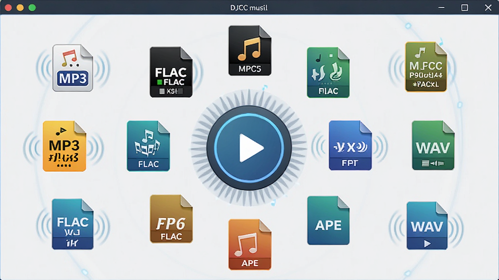 DJCC音乐盒多格式音频解码功能展示,主体为软件界面中央排列多种音频格式图标,布局为环绕播放按钮的圆形排列,排版整齐有序,风格为科技感扁平化设计,细节包括MP3、FLAC、APE、WAV等格式标识与解码波纹动画,画质高清,干净,无多余元素