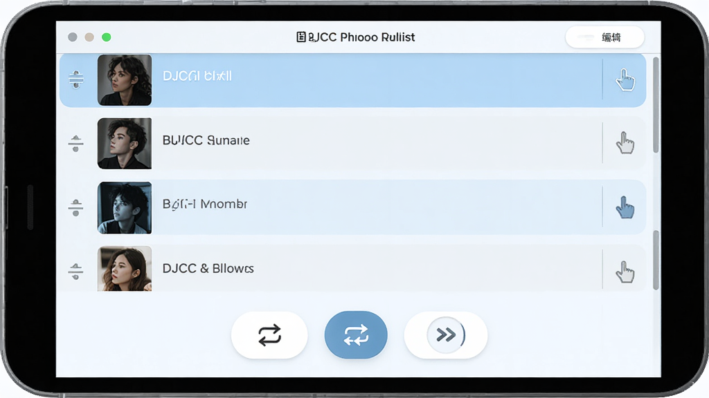 DJCC音乐盒自定义播放列表操作界面,主体为播放列表编辑区域,布局为上下分栏,上方为可拖拽歌曲条目,下方为播放模式切换按钮,排版紧凑实用,风格为清爽浅色主题,细节包括拖拽手柄图标、循环模式按钮、随机播放标识,画质高清,干净,无多余元素