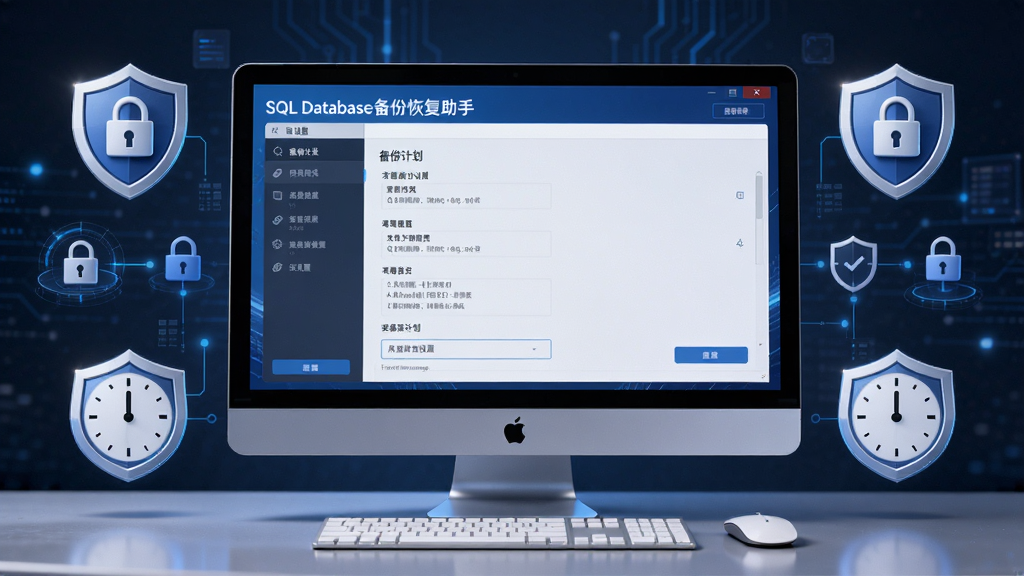 AI生图,画面中央是一台电脑屏幕,屏幕上显示SQL数据库备份恢复助手的备份计划设置界面,周围环绕着代表数据安全的盾牌和时钟图标,布局对称,风格简洁科技感,细节清晰,画质干净无多余元素