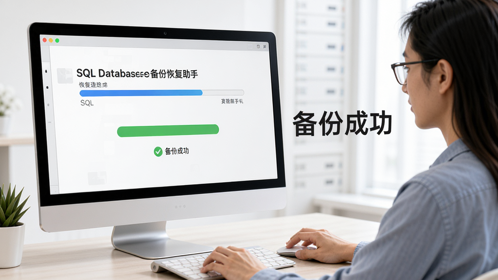 AI生图,画面展示一位用户在电脑前操作SQL数据库备份恢复助手,屏幕上显示恢复进度条和成功提示,旁边有“备份成功”字样,布局简洁,风格写实,画质清晰干净