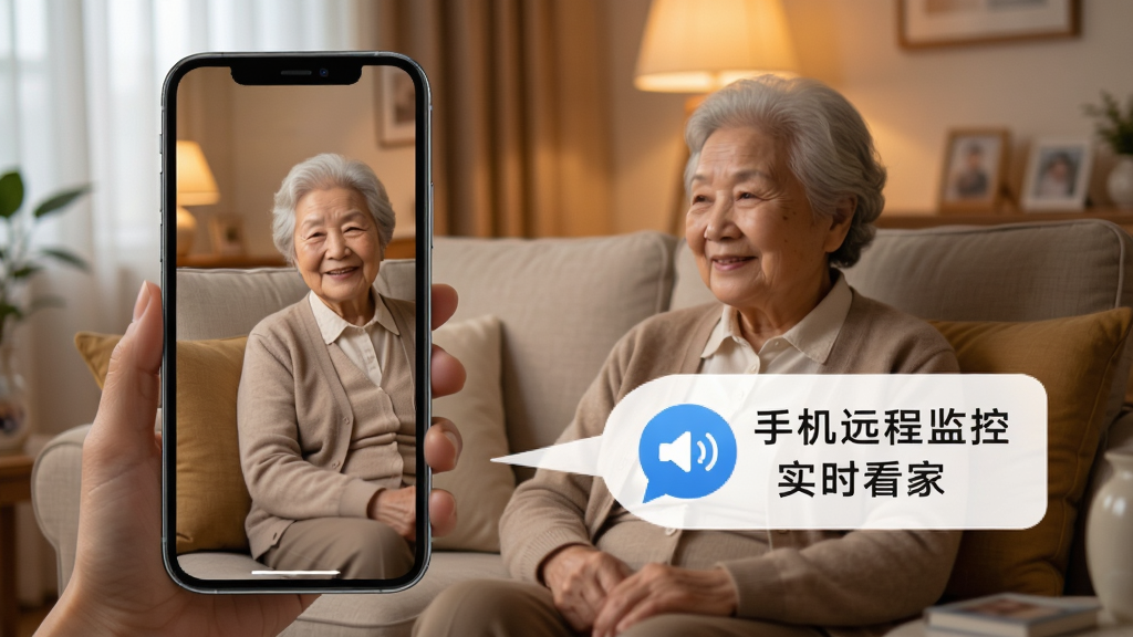 手机屏幕显示监控画面,画面中一位老人坐在沙发上,手机旁边有一个语音气泡图标,气泡内写着
