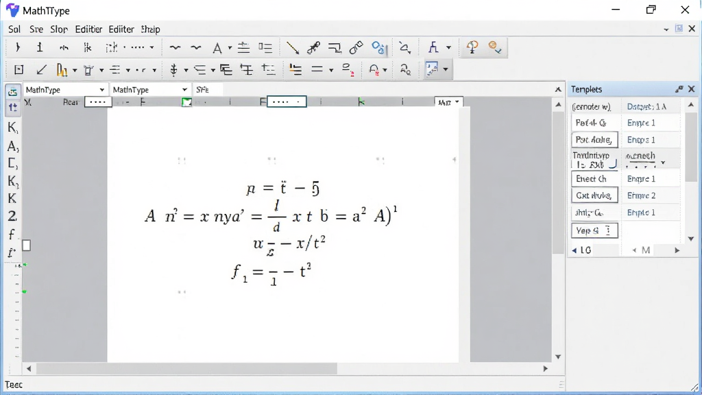 MathType数学公式编辑器软件主界面,中央是公式编辑工作区,上方为符号工具栏与模板面板,整体布局清晰,采用浅色办公风格,画面干净整洁,无多余元素,高清画质