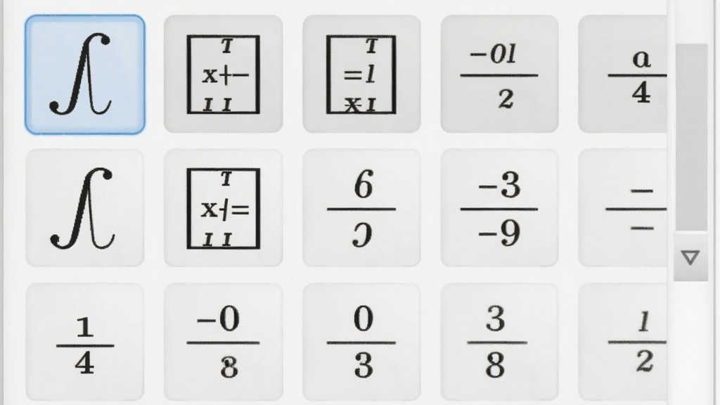 MathType数学公式编辑器符号模板面板特写,面板中排列着积分、矩阵、分式等公式模板图标,界面整洁,浅色主题,高清画质,干净无多余装饰