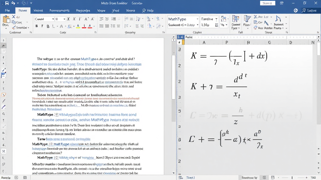 MathType数学公式编辑器在Word文档中插入公式的界面,左侧是文档正文,右侧是公式编辑窗口,画面展示公式与文字混排效果,办公风格,布局整齐,高清干净,无杂乱元素