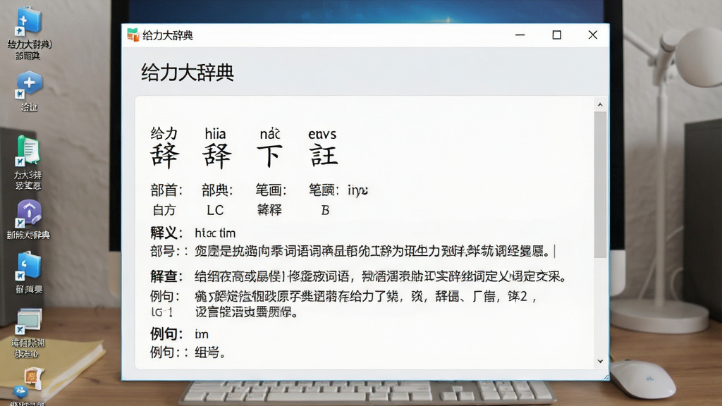 一张展示给力大辞典词条查询结果的图片,画面中软件窗口内显示一个汉字或词语的详细释义页面,包含拼音、部首、笔画、释义、例句等信息,排版整齐清晰,界面色调柔和,背景为简洁的电脑桌面,风格真实自然,细节丰富,画质干净,无多余元素,图片中文字为“给力大辞典”